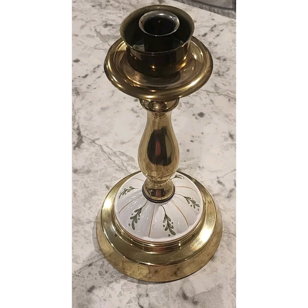 Vintage Brass & Porcelain 12" Candlestick Holder Floral Leaf Pattern